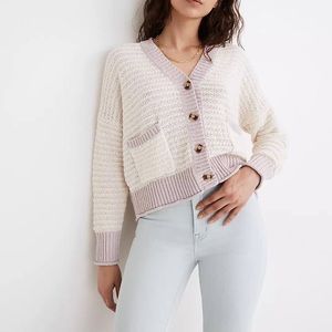 Madewell Cardigan Sweater with Pockets, Cotton Blend, White & Lavender